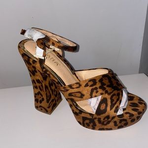 Liliana Leopard Print Cross Pattern Chunky Heels